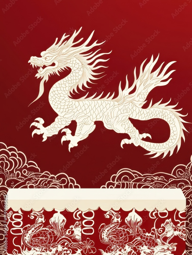 Majestic White Dragon Design on Fiery Red Background for Culture Majestic White Dragon Design on Fiery Red Background for Culture