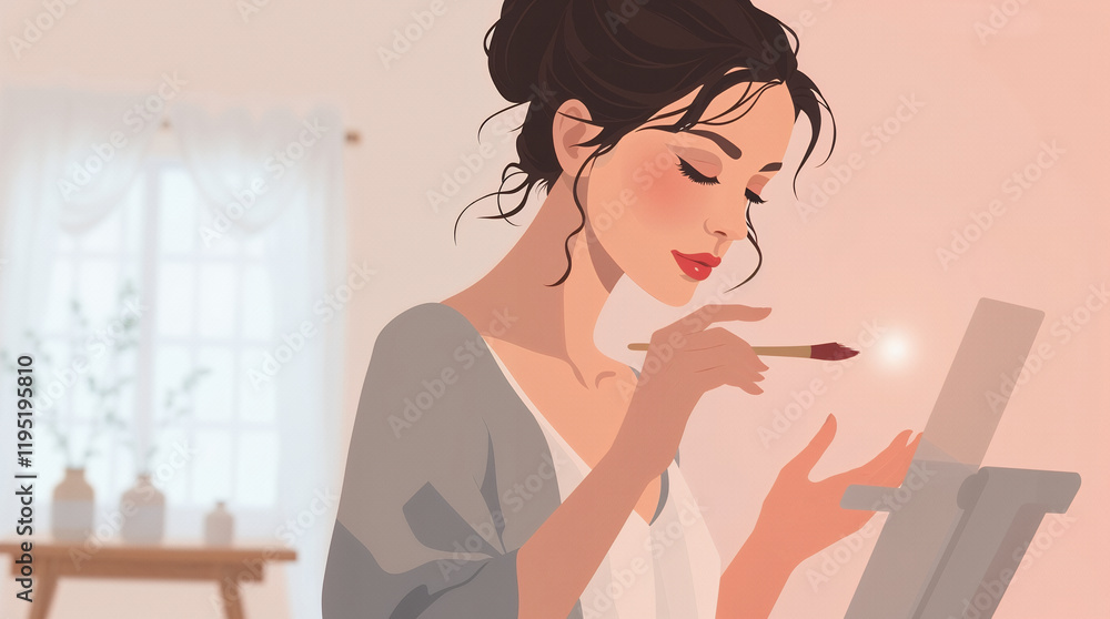 Flat illustration of beautiful young woman painting at home made in soft pastel colors Flat illustration of beautiful young woman painting at home made in soft pastel colors