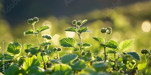 Flourishing green wild blackberry shoots with small buds in a sunlit field, softly blurred background of a mountain range under early summer light.