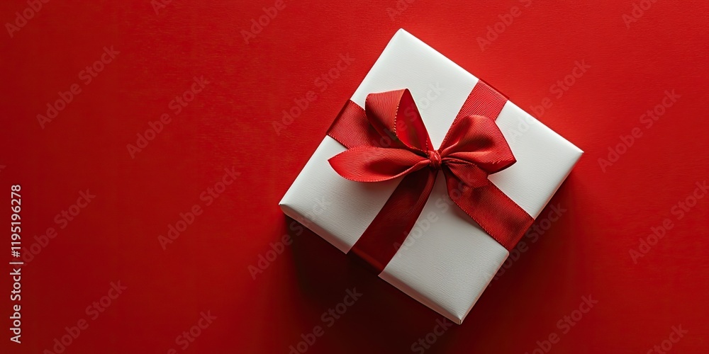 White gift box with red ribbon on bright red background, perfectly positioned for a festive Christmas theme, evoking holiday spirit and joy. White gift box with red ribbon on bright red background, perfectly positioned for a festive Christmas theme, evoking holiday spirit and joy.