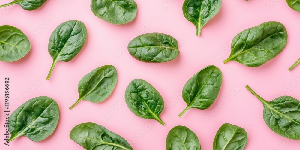 Fresh green spinach leaves scattered on a soft pink background showcasing vibrant colors and natural textures with varying leaf placements. Fresh green spinach leaves scattered on a soft pink background showcasing vibrant colors and natural textures with varying leaf placements.