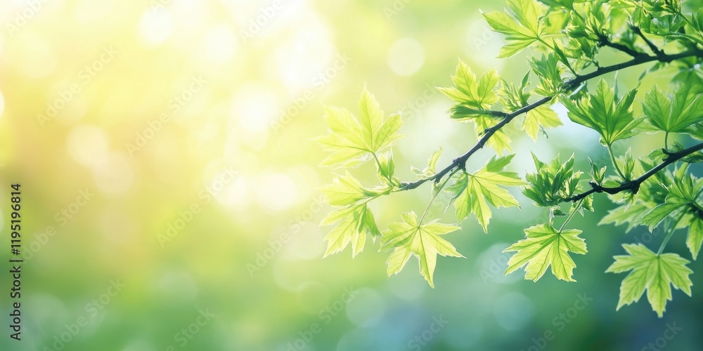 Delicate green field maple leaves on blurred soft spring background with warm light bokeh highlights creating a serene nature theme 3 Delicate green field maple leaves on blurred soft spring background with warm light bokeh highlights creating a serene nature theme 3