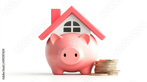 Piggy bank 3D, 3D illustration of a piggy bank designed to resemble a house, showcasing high fidelity and intricate detail suitable for commercial use in finance and savings themes.