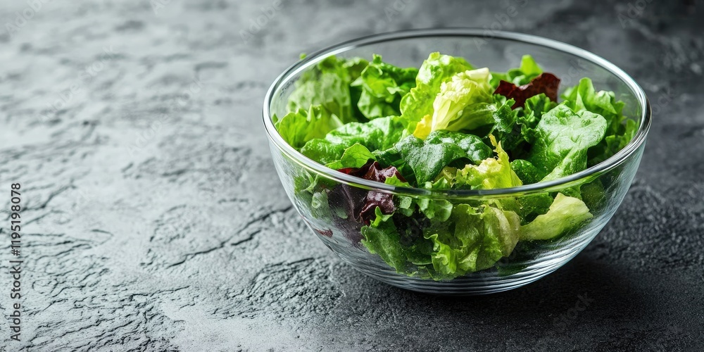 Fresh crisp green salad in a clear glass bowl positioned on the right side of a textured grey rustic table with natural lighting highlights. Fresh crisp green salad in a clear glass bowl positioned on the right side of a textured grey rustic table with natural lighting highlights.