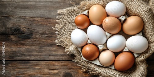 Assorted brown and white chicken eggs arranged on a rustic wooden table with burlap, top view showcasing healthy food and ample copy space. photo