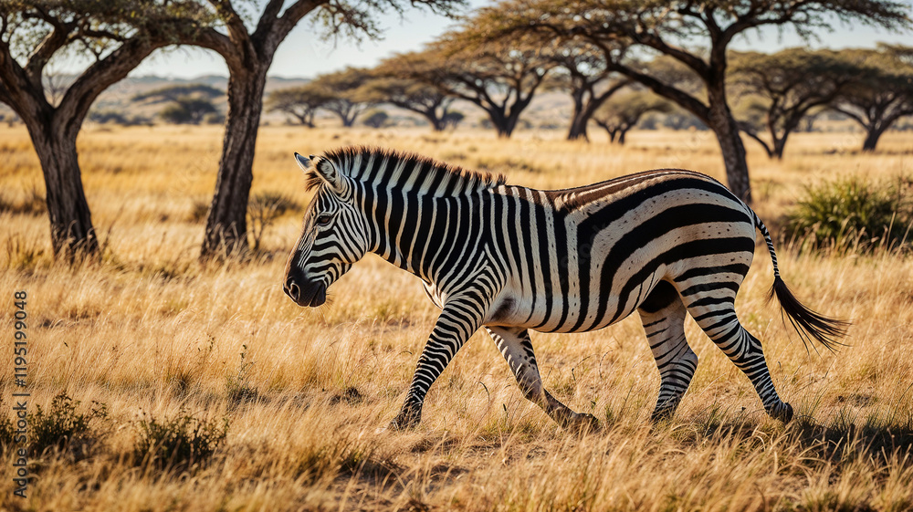 Obraz premium Zebra Walking Through Savanna: Stunning Black and White Stripes in African Wilderness