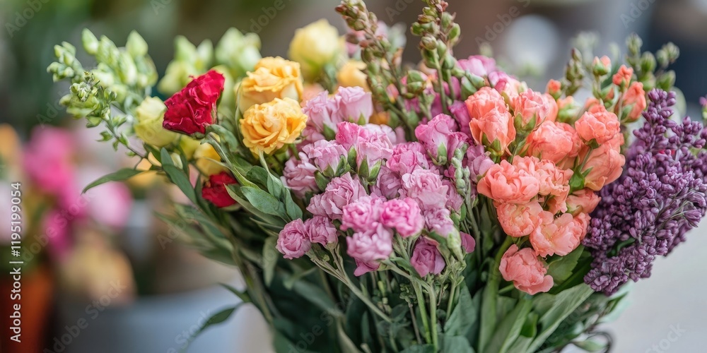 Colorful bouquet of freesia and carnation flowers in pink yellow and purple shades arranged with lush green foliage in a blurred background setting Colorful bouquet of freesia and carnation flowers in pink yellow and purple shades arranged with lush green foliage in a blurred background setting
