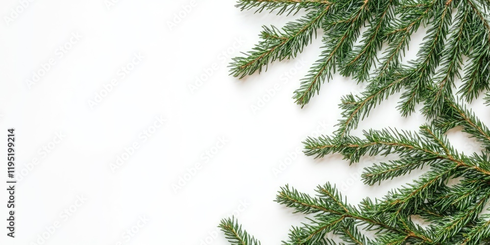 Fresh green fir branches positioned in the top left corner against a clean white background creating a natural and serene atmosphere. Fresh green fir branches positioned in the top left corner against a clean white background creating a natural and serene atmosphere.