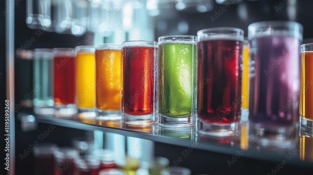 A vibrant display of colorful drinks in glass containers on a shelf. A vibrant display of colorful drinks in glass containers on a shelf.