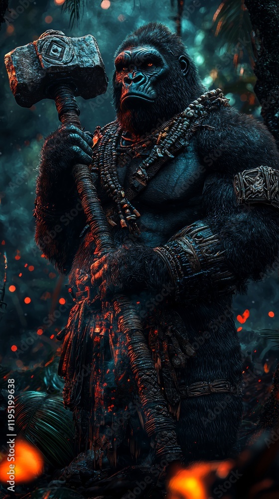 Fototapeta premium Majestic gorilla warrior holding a massive hammer in a mystical jungle setting with glowing orange embers, detailed and powerful presence