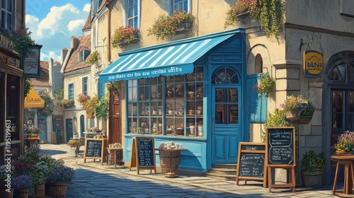 Fototapeta Naklejka Na Ścianę i Meble -  A charming local cafe, where travelers enjoy coffee and pastries while engaging in conversation with locals