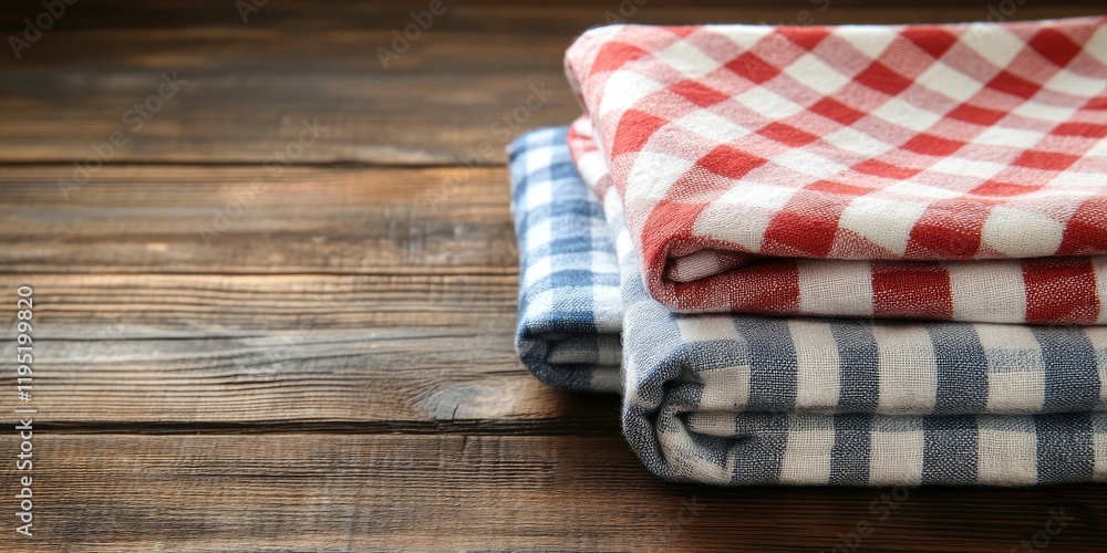 Checkered kitchen towels in red and blue stacked on a dark wooden table with ample copy space creating a rustic kitchen ambiance Checkered kitchen towels in red and blue stacked on a dark wooden table with ample copy space creating a rustic kitchen ambiance