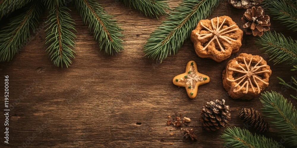 Festive green pine branches and baked treats arranged on a rustic wooden table with pine cones and a warm brown background. Festive green pine branches and baked treats arranged on a rustic wooden table with pine cones and a warm brown background.
