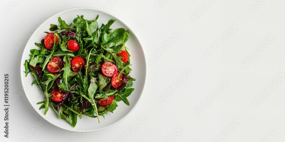 Fresh green salad with cherry tomatoes on a white plate top view against a light background with ample space for text on the right side Fresh green salad with cherry tomatoes on a white plate top view against a light background with ample space for text on the right side
