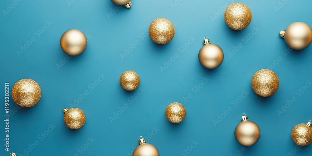 Shiny golden Christmas ornaments arranged in a flat lay on a vibrant blue background with ample copy space for festive greetings and designs Shiny golden Christmas ornaments arranged in a flat lay on a vibrant blue background with ample copy space for festive greetings and designs