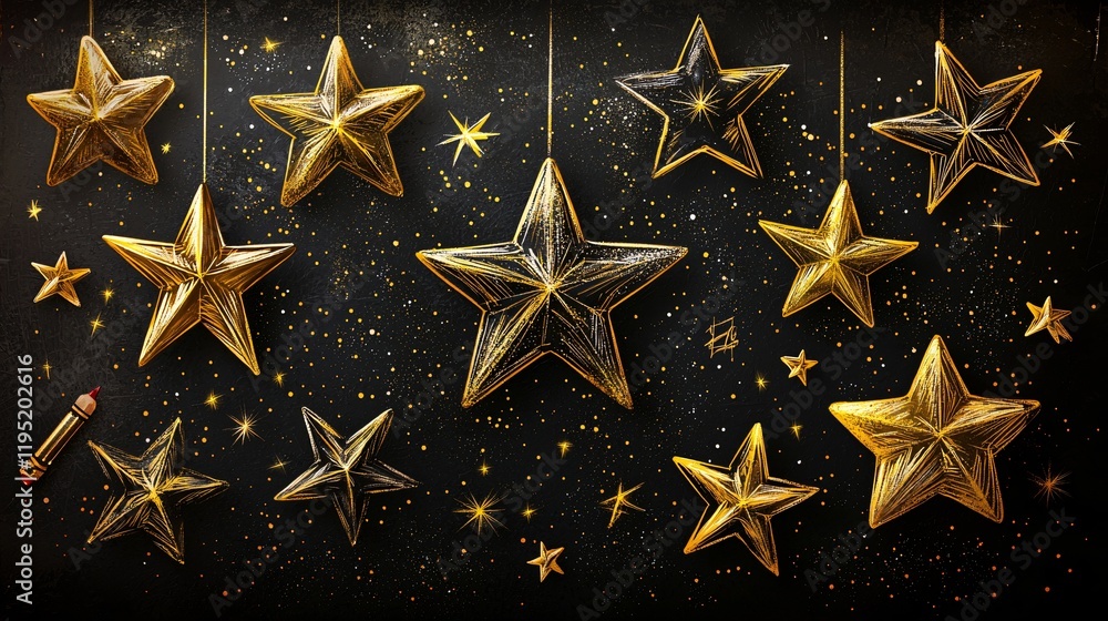Fototapeta premium Gold and black star decorations on dark background.