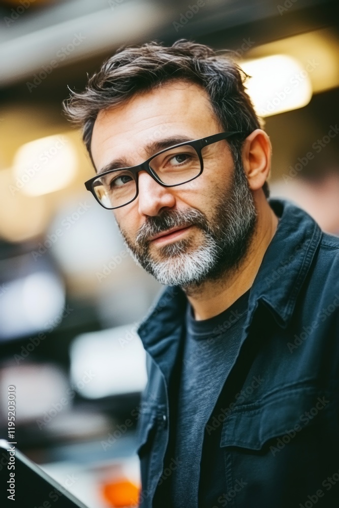Portrait of a Confident Mature Man with Glasses and Facial Hair, Industrial Setting Background Portrait of a Confident Mature Man with Glasses and Facial Hair, Industrial Setting Background