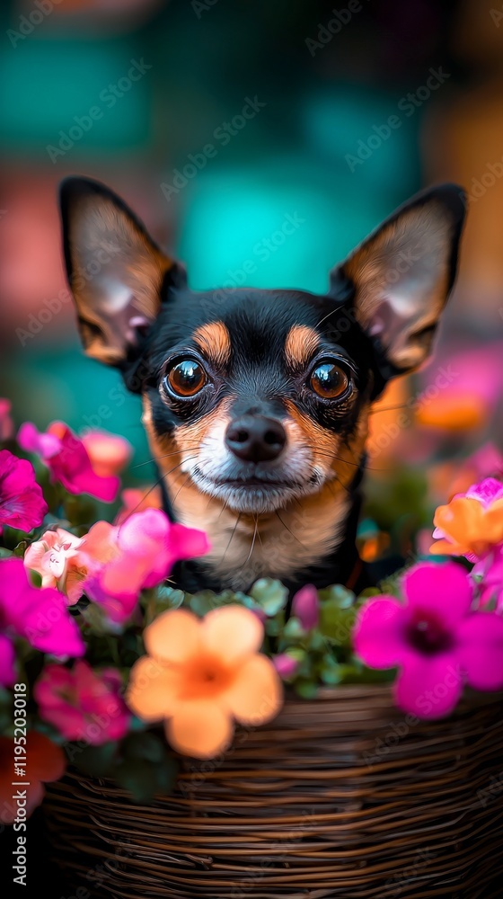 Close-up of a Chihuahua sitting in a small wicker basket surrounded by vibrant colorful flowers Close-up of a Chihuahua sitting in a small wicker basket surrounded by vibrant colorful flowers