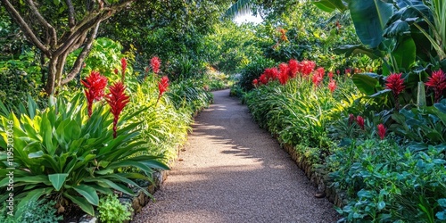 Vibrant garden walkway featuring red Fountainbush flowers on both sides surrounded by lush green foliage under a clear blue sky. photo