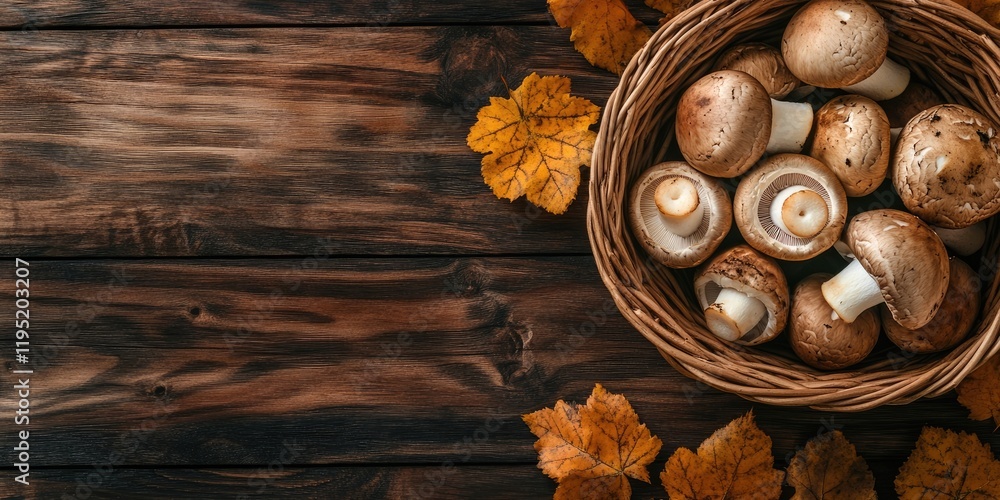 Top view of a wicker basket filled with fresh mushrooms surrounded by autumn leaves on a rustic wooden table with copy space available. Top view of a wicker basket filled with fresh mushrooms surrounded by autumn leaves on a rustic wooden table with copy space available.