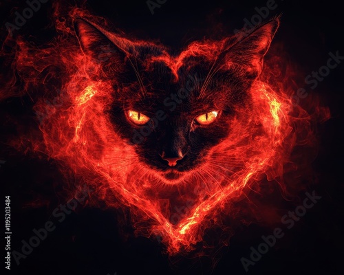 A mystical black cat with fiery eyes surrounded by a heart of flames.