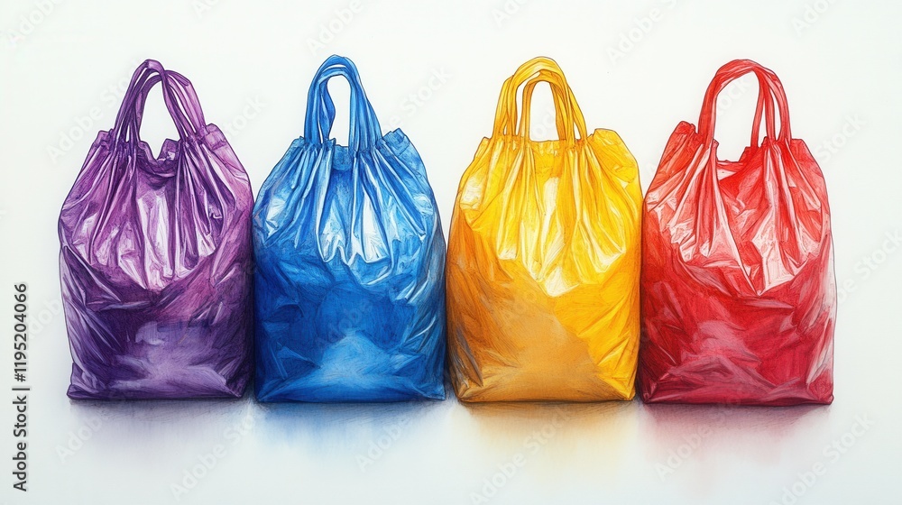 Colorful Plastic Bags Displayed in a Row, Showcasing Vibrant Hues of Purple, Blue, Yellow, and Red, Perfect for Illustrating Waste Management or Shopping Themes Colorful Plastic Bags Displayed in a Row, Showcasing Vibrant Hues of Purple, Blue, Yellow, and Red, Perfect for Illustrating Waste Management or Shopping Themes