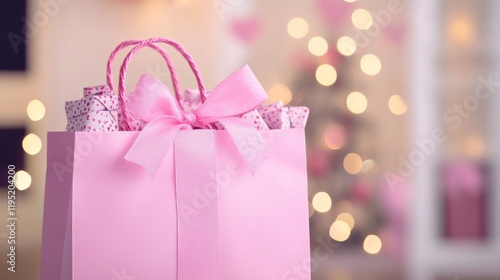 Charming Pink Gift Bag with Bow and Wrapping Papers Surrounded by Soft Bokeh Background, Perfect for Celebrations, Birthdays, and Special Occasions in a Cozy Setting photo