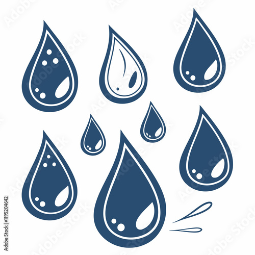 A set of six stylized blue water droplets, each with a slightly different shape and highlight with white background 