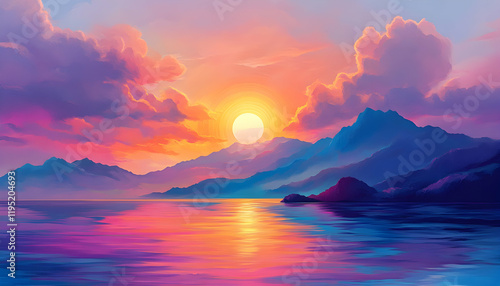 Beautiful colorful sunset at the mountains at the sea