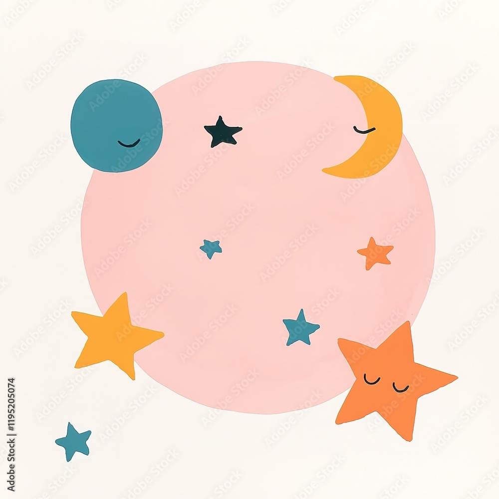 Fototapeta premium A whimsical illustration featuring a pink circle with smiling stars, a crescent moon, and a blue circle against a soft background.