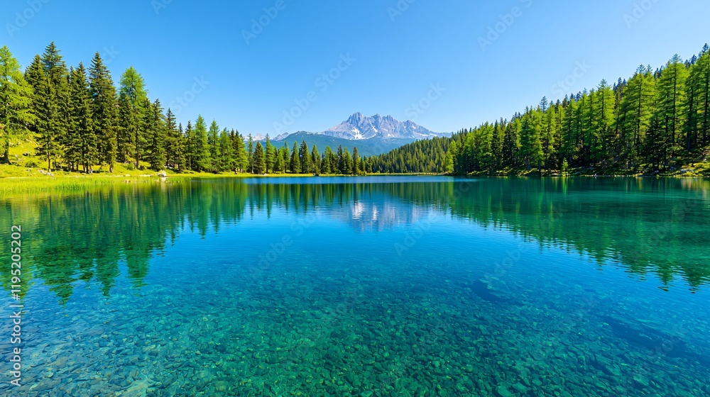 Crystal-clear lake reflecting mountains and pine trees under a bright blue sky. Crystal-clear lake reflecting mountains and pine trees under a bright blue sky.