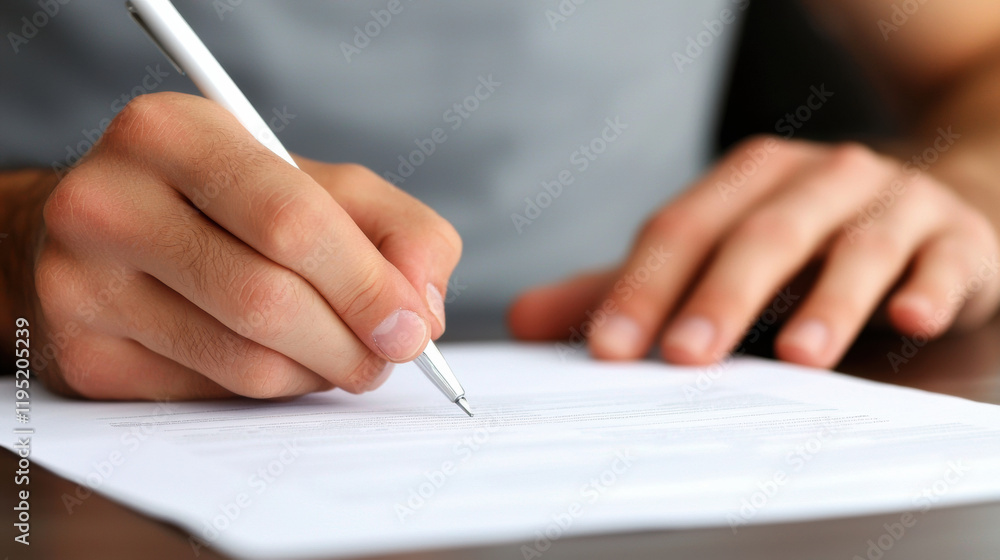 Close up of hands writing on document, showcasing focus and determination Close up of hands writing on document, showcasing focus and determination