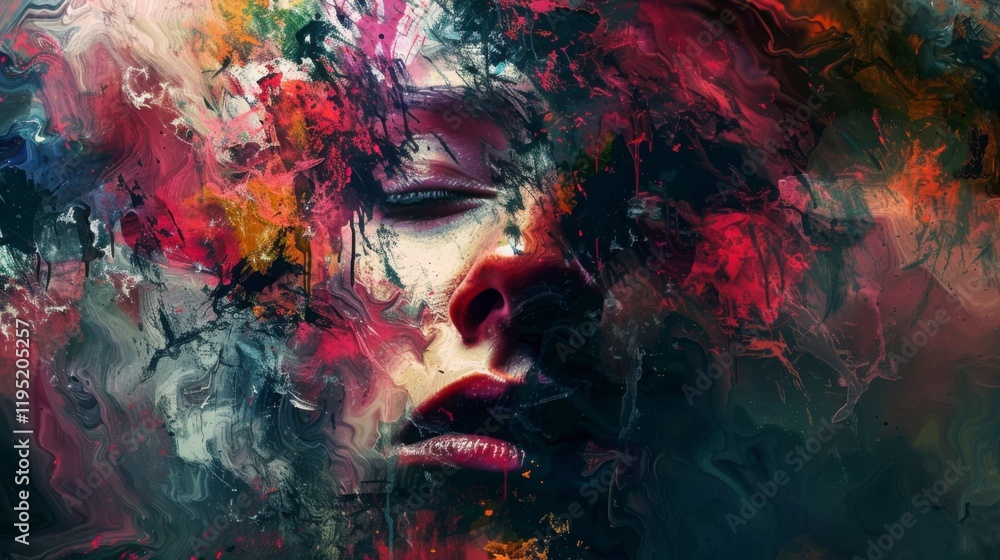 Fototapeta premium Abstract Face Portrait with Colorful Paint Splatters and Swirls