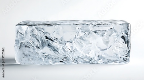 A large block of ice with a rough, jagged surface on a white background.