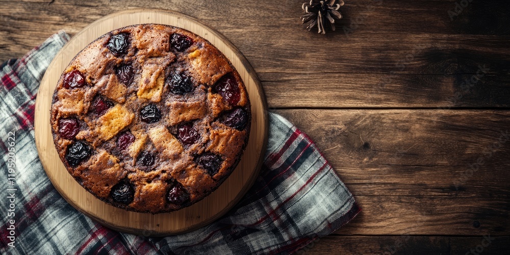 Festive Dundee fruit cake on a round wooden board with a rustic checkered cloth, topped with dried fruits, warm tones, ideal for Christmas celebrations. Festive Dundee fruit cake on a round wooden board with a rustic checkered cloth, topped with dried fruits, warm tones, ideal for Christmas celebrations.