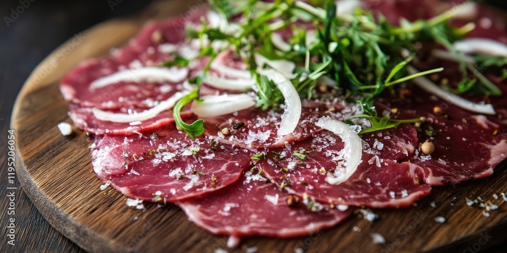 Delicately arranged beef carpaccio on a wooden platter with fresh herbs, thin onion slices, and a sprinkle of sea salt, creating an elegant presentation. Delicately arranged beef carpaccio on a wooden platter with fresh herbs, thin onion slices, and a sprinkle of sea salt, creating an elegant presentation.