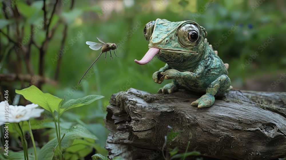 Cute Chameleon on Log Watching Dragonfly