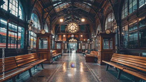 A spacious train station interior featuring wooden benches, large clock, and elegant architecture.