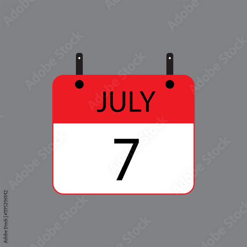 Calendar icon with July 7 date on grey background. Vector schedule symbol.