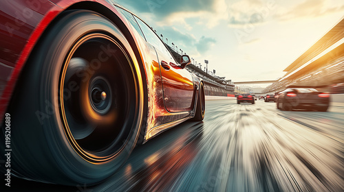 featuring an extreme close-up of a moving tire on top of a car with race track and cars in background