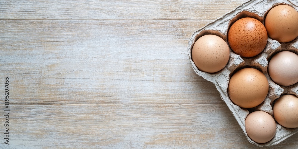 Fresh brown and white chicken eggs in a carton arranged on a light brown wooden surface viewed from above with negative space for text. Fresh brown and white chicken eggs in a carton arranged on a light brown wooden surface viewed from above with negative space for text.