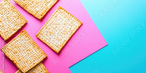 Flat lay of matzo on pink and aqua background with empty space for text showcasing Passover Pesach traditions and festive celebrations photo