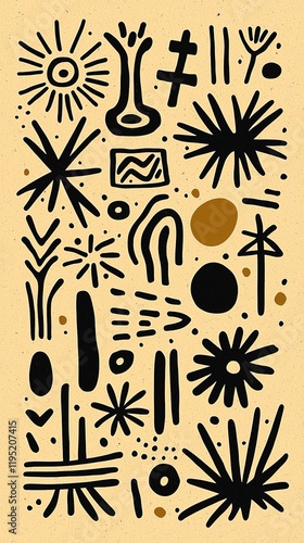 A vibrant composition of abstract black shapes and symbols on a light background, evoking a playful artistic style and unique visual language.