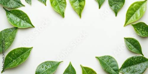 Green tea leaves arranged in an oval frame on a light white background with water droplets reflecting light on the leaves' surface. photo