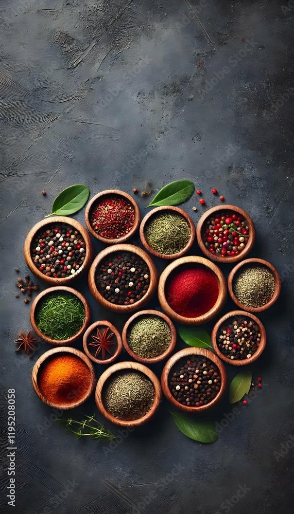 An Overhead View Of A Set Of Wooden Bowls Containing Colorful Herbs And Spices On A Dark Grey Marble Surface An Overhead View Of A Set Of Wooden Bowls Containing Colorful Herbs And Spices On A Dark Grey Marble Surface