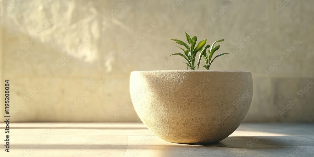 Minimalist flowerpot with green leaves centered on creamy background, soft shadows highlighting smooth round shape, creating serene empty space. Minimalist flowerpot with green leaves centered on creamy background, soft shadows highlighting smooth round shape, creating serene empty space.