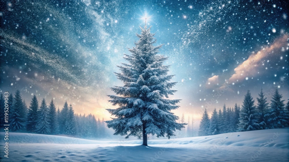 tree in winter landscape with snowfall at late evening, snowflakes falling tree in winter landscape with snowfall at late evening, snowflakes falling