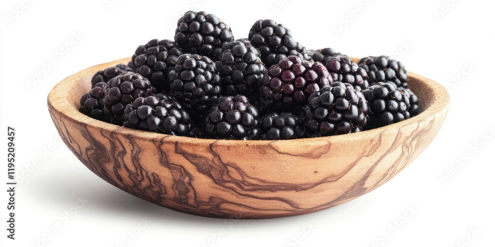 Juicy blackberries piled in a wooden bowl on a bright white background showcasing rich black tones and natural textures of the bowl Juicy blackberries piled in a wooden bowl on a bright white background showcasing rich black tones and natural textures of the bowl