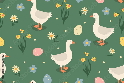 seamless spring, easter pattern with goose, eggs and flowers- vector illustration