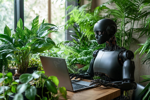 Humanoid Robot Working on Laptop Surrounded by Green Plants photo